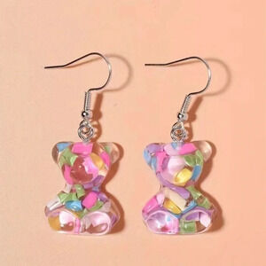 3D Gummy Bear Pastel Filled Acrylic Dangle Earrings NEW